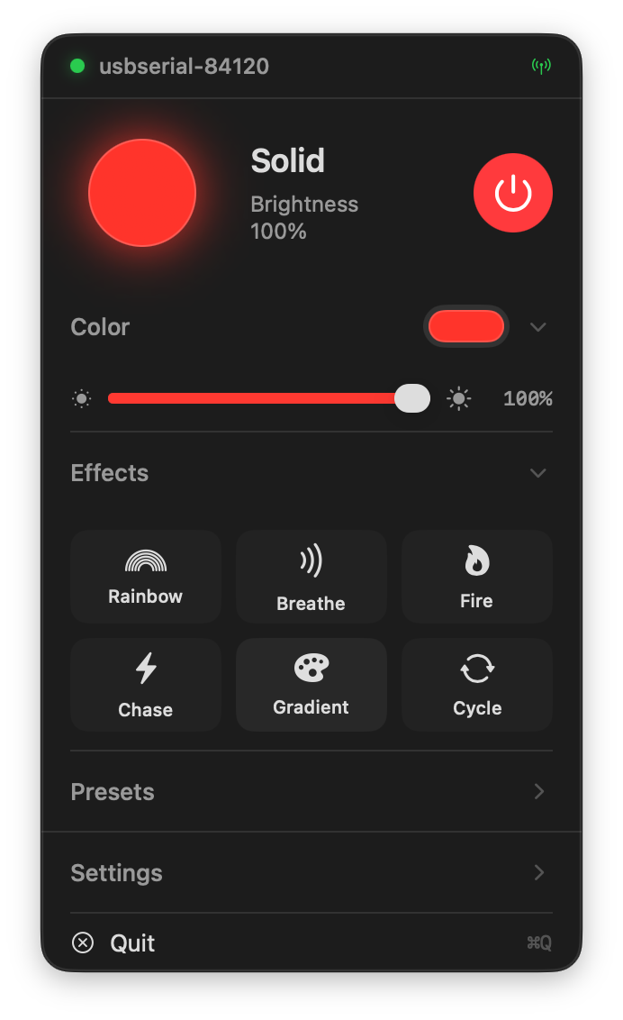 LED Control menu bar popup showing color picker and effects menu