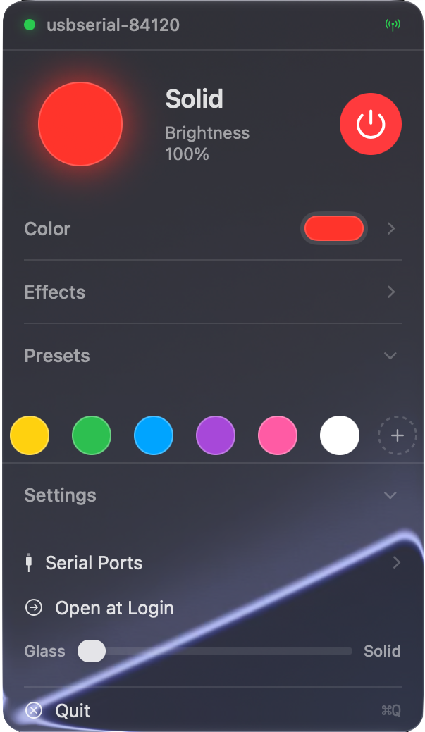 LED Control settings and saved lighting presets panel