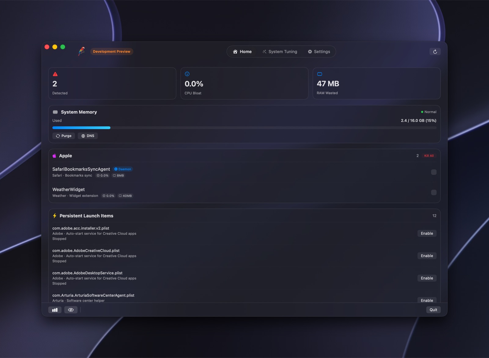 Milo main process dashboard showing CPU and memory consumption