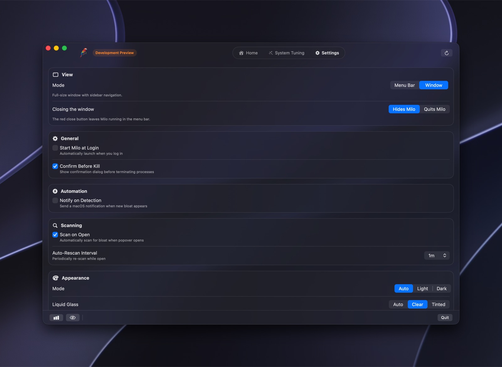 Milo application preferences and exclusion lists