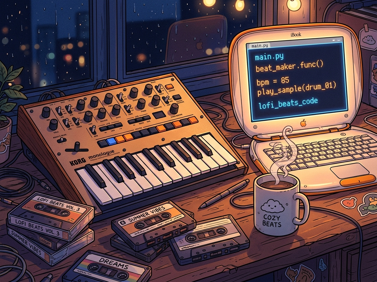 Ploomi synthesizers and desk artwork